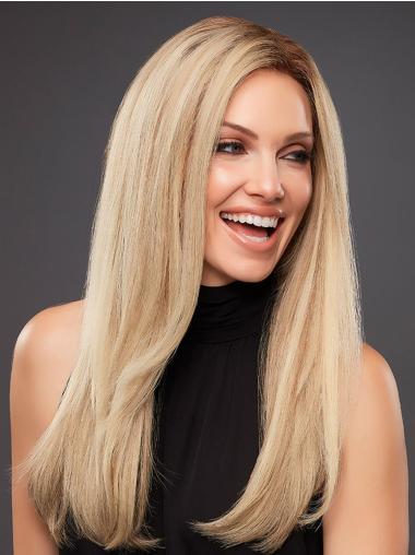 Long Blonde Wig Human Hair Platinum Blonde 18" Straight Long 100% Hand-Tied Without Bangs Human Hair Wigs