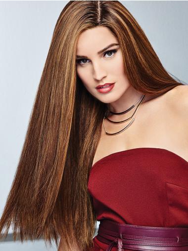 Long Straight Human Hair Wigs Brown 24" Straight Long 100% Hand-Tied Without Bangs Human Hair Wigs