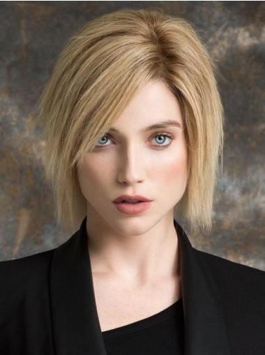 Chin Length Lace Wigs Blonde 9" Straight Chin Length 100% Hand-Tied With Bangs Human Hair Wigs