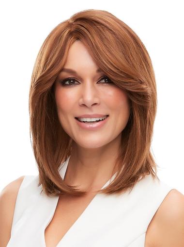 Medium Length Wigs Blonde Human Hair Wigs Blonde 13" Straight Shoulder Length 100% Hand-Tied With Bangs Human Hair Wigs