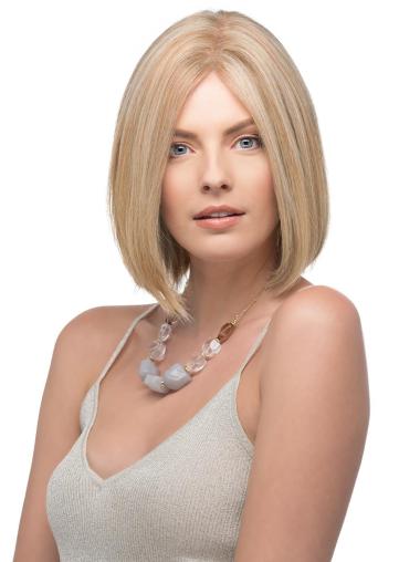 Chin Length Lace Wigs Blonde 12" Straight Chin Length 100% Hand-Tied Without Bangs Human Hair Wigs