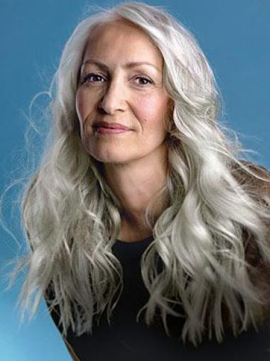Long Grey Wig Human Hair Top Full Lace Wavy 22 Inches Long Grey Human Hair Wigs