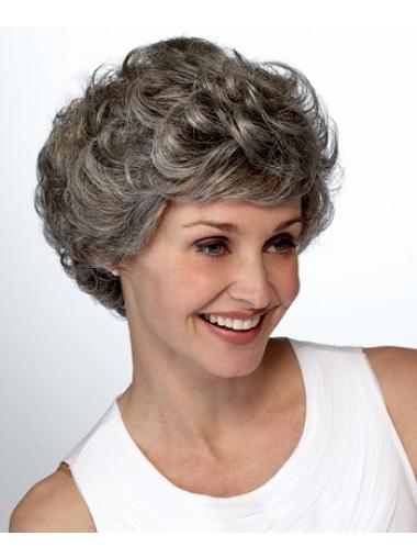 Short Curly Grey Wigs 7 Inches Lace Front Short Curly Fashion Synthetic Grey Wigs