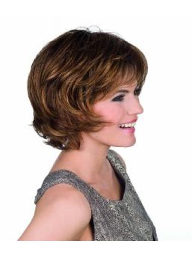 Wavy Bob Wig Side Part 11.5 Inches Capless Brown Chin Length Synthetic Bob Wigs For Sale