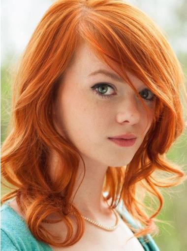 Medium Wavy Wigs With Bangs Copper Wavy Synthetic 16 Inches Celebrity Wigs