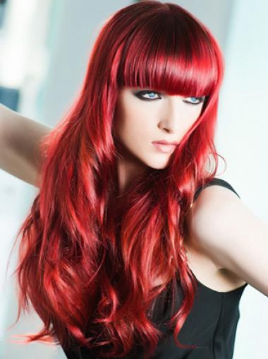 Human Hair Long Wigs Capless With Bangs Wavy Comfortable Red Wigs Real Hair