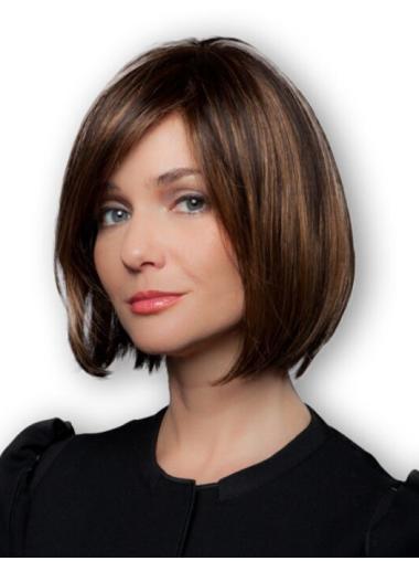 Angled Bob Wig 100% Hand-Tied Brown Straight Convenient Remy Bob Wigs
