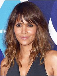 Medium Length Wavy Wig Synthetic Capless With Bangs Shoulder Length 14" Brown Durable Halle Berry Wigs