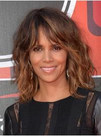 Medium Length Wavy Wigs Synthetic Lace Front With Bangs Shoulder Length 14" Brown Fashionable Halle Berry Wigs