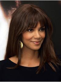 Long Straight Human Hair Wigs Remy Human Hair Lace Front With Bangs Long 16" Brown Discount Halle Berry Wigs