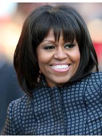 Short Straight Wigs With Bangs Synthetic Lace Front With Bangs Chin Length 12" Black No-Fuss Michelle Obama Wigs