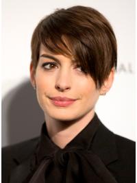 100 Human Hair Wigs Short Pixie Wigs Lace Front Boycuts 6" Affordable Anne Hathaway Dark Brown Human Hair Wig
